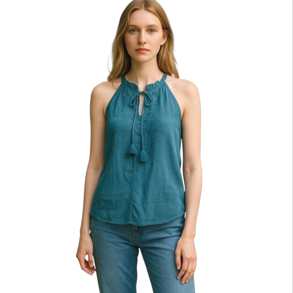 Loft Halter Tank Top Blue Embroidered Ruffle V-Neck w/ Tie Flowy Fit Small